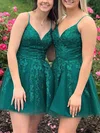 A-line V-neck Lace Tulle Short/Mini Homecoming Dresses With Appliques Lace #Favs020110339