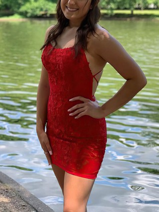 Sheath/Column Scoop Neck Lace Tulle Short/Mini Homecoming Dresses With Appliques Lace #Favs020110347