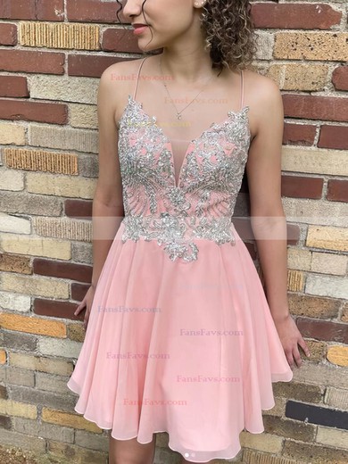 A-line V-neck Chiffon Short/Mini Homecoming Dresses With Appliques Lace #Favs020110355