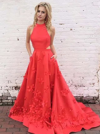 Princess High Neck Satin Sweep Train Appliques Lace Prom Dresses #Favs020105570 Princess High Neck Satin Sweep Train Appliques Lace Prom Dresses #Favs020105570