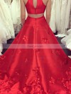 Princess High Neck Satin Sweep Train Appliques Lace Prom Dresses #Favs020105570