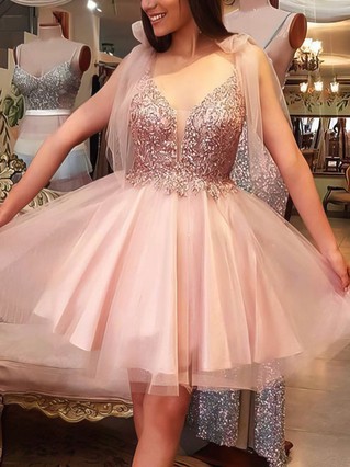 A-line V-neck Tulle Short/Mini Homecoming Dresses With Beading #Favs020110453 A-line V-neck Tulle Short/Mini Homecoming Dresses With Beading #Favs020110453