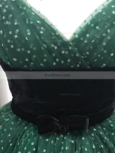 A-line V-neck Tulle Tea-length Homecoming Dresses With Sashes / Ribbons #Favs020110460