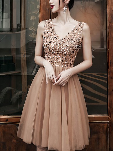 A-line V-neck Tulle Short/Mini Homecoming Dresses With Sequins #Favs020110461