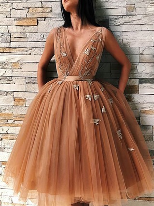 A-line V-neck Tulle Tea-length Homecoming Dresses With Appliques Lace #Favs020110464 A-line V-neck Tulle Tea-length Homecoming Dresses With Appliques Lace #Favs020110464