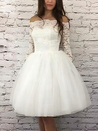 A-line Off-the-shoulder Lace Tulle Knee-length Homecoming Dresses With Appliques Lace #Favs020110465 A-line Off-the-shoulder Lace Tulle Knee-length Homecoming Dresses With Appliques Lace #Favs020110465