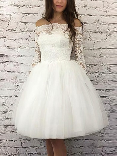 A-line Off-the-shoulder Lace Tulle Knee-length Homecoming Dresses With Appliques Lace #Favs020110465