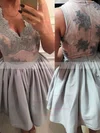 A-line V-neck Silk-like Satin Short/Mini Homecoming Dresses With Appliques Lace #Favs020110467