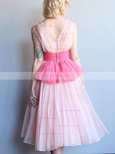 A-line V-neck Chiffon Tea-length Homecoming Dresses With Ruffles #Favs020110468