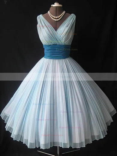 A-line V-neck Chiffon Tea-length Homecoming Dresses With Ruffles #Favs020110468
