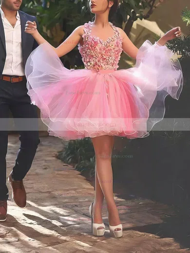 A-line V-neck Tulle Short/Mini Homecoming Dresses With Bow #Favs020110469