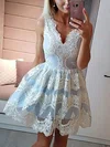 A-line V-neck Lace Tulle Short/Mini Homecoming Dresses With Appliques Lace #Favs020110481