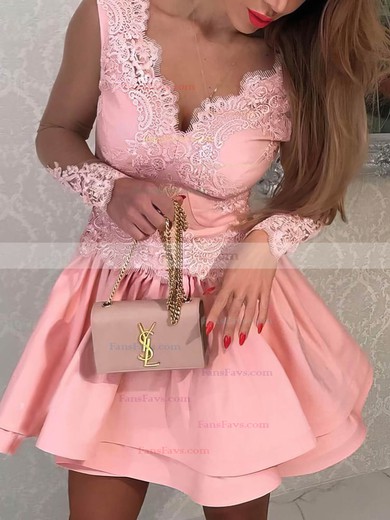 A-line V-neck Lace Satin Short/Mini Homecoming Dresses With Appliques Lace #Favs020110485