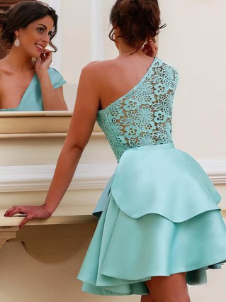 A-line One Shoulder Satin Short/Mini Homecoming Dresses With Appliques Lace #Favs020110487 A-line One Shoulder Satin Short/Mini Homecoming Dresses With Appliques Lace #Favs020110487