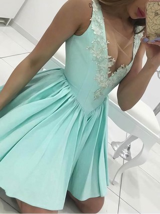 A-line V-neck Silk-like Satin Short/Mini Homecoming Dresses With Appliques Lace #Favs020110491 A-line V-neck Silk-like Satin Short/Mini Homecoming Dresses With Appliques Lace #Favs020110491