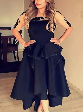 A-line Scoop Neck Satin Asymmetrical Homecoming Dresses With Appliques Lace #Favs020110493 A-line Scoop Neck Satin Asymmetrical Homecoming Dresses With Appliques Lace #Favs020110493