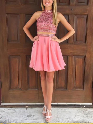 A-line High Neck Chiffon Short/Mini Homecoming Dresses With Appliques Lace #Favs020110495