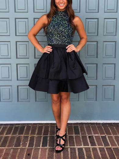 A-line High Neck Satin Short/Mini Homecoming Dresses With Beading #Favs020110497
