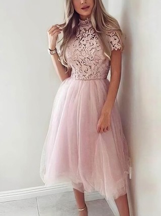 A-line High Neck Lace Tulle Tea-length Homecoming Dresses With Appliques Lace #Favs020110504 A-line High Neck Lace Tulle Tea-length Homecoming Dresses With Appliques Lace #Favs020110504