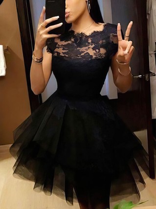 A-line Scoop Neck Lace Tulle Short/Mini Homecoming Dresses With Appliques Lace #Favs020110507