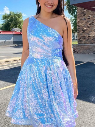A-line One Shoulder Sequined Short/Mini Homecoming Dresses With Pockets #Favs020109817 A-line One Shoulder Sequined Short/Mini Homecoming Dresses With Pockets #Favs020109817