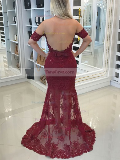 Trumpet/Mermaid Scoop Neck Lace Tulle Sweep Train Appliques Lace Prom Dresses #Favs020105635