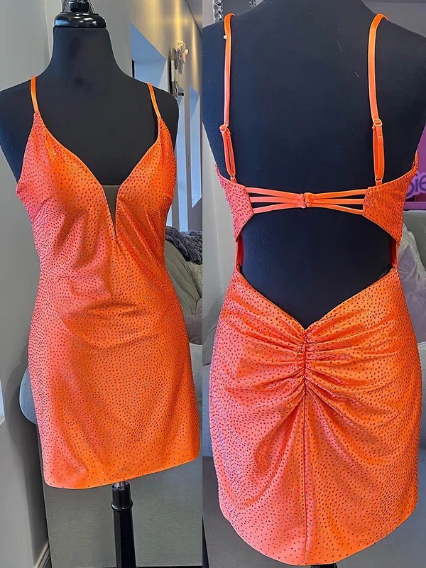 Sheath/Column V-neck Silk-like Satin Short/Mini Homecoming Dresses With Ruffles #Favs020109828