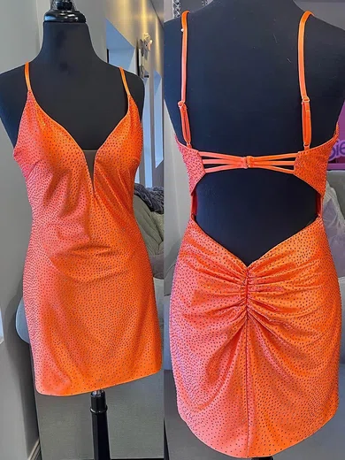 Sheath/Column V-neck Silk-like Satin Short/Mini Homecoming Dresses With Ruffles #Favs020109828