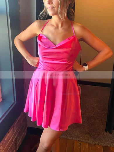 A-line Cowl Neck Silk-like Satin Short/Mini Homecoming Dresses With Pockets #Favs020109842
