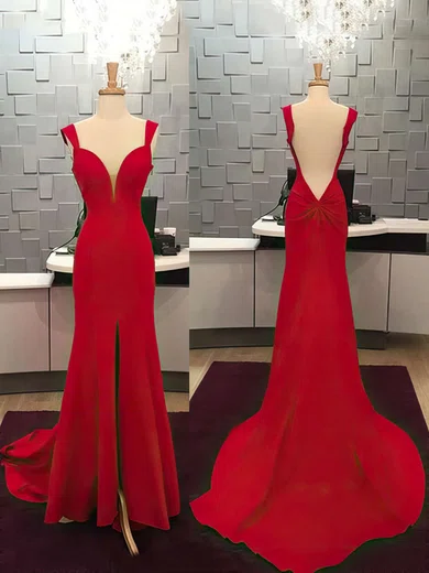 Trumpet/Mermaid V-neck Silk-like Satin Sweep Train Split Front Prom Dresses #Favs020104348