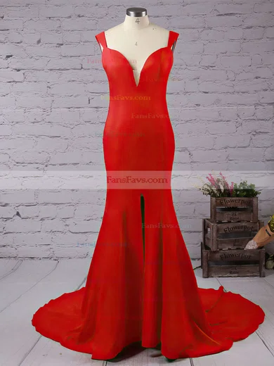 Trumpet/Mermaid V-neck Silk-like Satin Sweep Train Split Front Prom Dresses #Favs020104348
