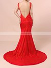 Trumpet/Mermaid V-neck Silk-like Satin Sweep Train Split Front Prom Dresses #Favs020104348