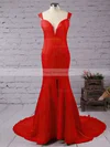 Trumpet/Mermaid V-neck Silk-like Satin Sweep Train Split Front Prom Dresses #Favs020104348