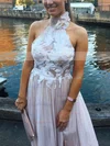 A-line Halter Chiffon Sweep Train Appliques Lace Prom Dresses #Favs020105652