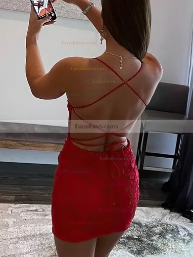 Sheath/Column V-neck Tulle Short/Mini Homecoming Dresses With Lace #Favs020109878