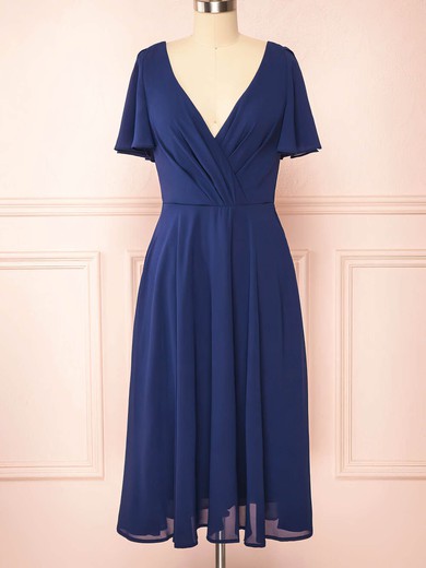 A-line V-neck Chiffon Tea-length Homecoming Dresses With Ruffles #Favs020109921