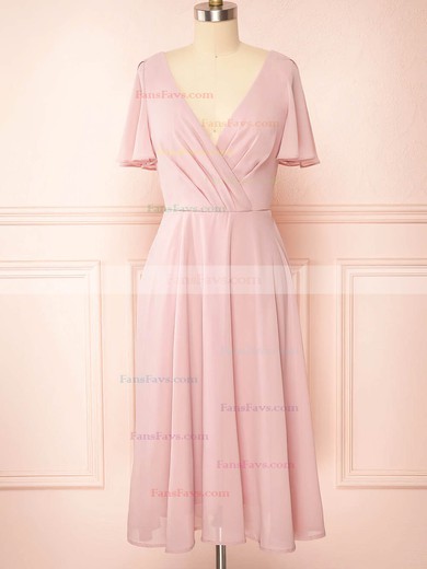 A-line V-neck Chiffon Tea-length Homecoming Dresses With Ruffles #Favs020109921