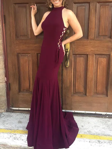 Trumpet/Mermaid High Neck Jersey Sweep Train Prom Dresses #Favs020105684