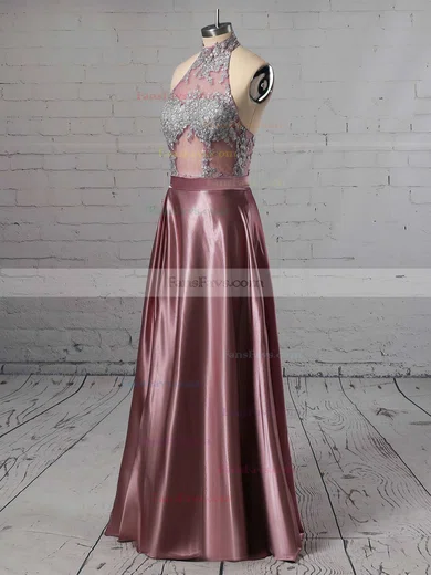 A-line High Neck Satin Floor-length Appliques Lace Prom Dresses #Favs020105685