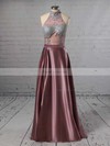 A-line High Neck Satin Floor-length Appliques Lace Prom Dresses #Favs020105685