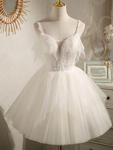 A-line V-neck Tulle Short/Mini Homecoming Dresses With Pearl Detailing #Favs020109940