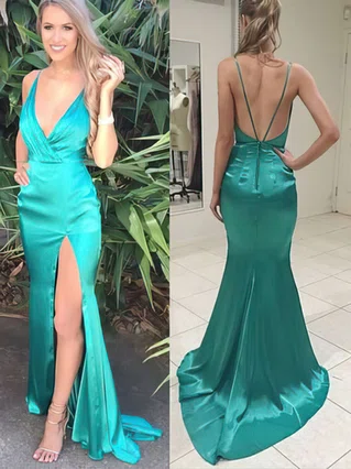 Trumpet/Mermaid V-neck Silk-like Satin Sweep Train Split Front Prom Dresses #Favs020104362 Trumpet/Mermaid V-neck Silk-like Satin Sweep Train Split Front Prom Dresses #Favs020104362