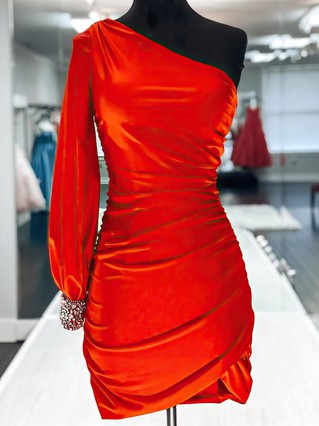 Sheath/Column One Shoulder Silk-like Satin Short/Mini Homecoming Dresses With Ruffles #Favs020109959 Sheath/Column One Shoulder Silk-like Satin Short/Mini Homecoming Dresses With Ruffles #Favs020109959