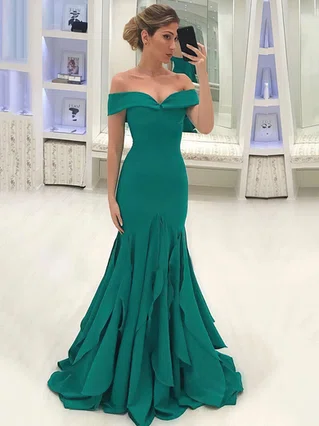 Trumpet/Mermaid Off-the-shoulder Silk-like Satin Sweep Train Ruffles Prom Dresses #Favs020105700