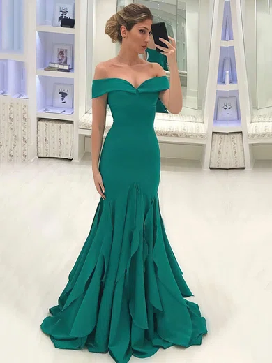 Trumpet/Mermaid Off-the-shoulder Silk-like Satin Sweep Train Ruffles Prom Dresses #Favs020105700