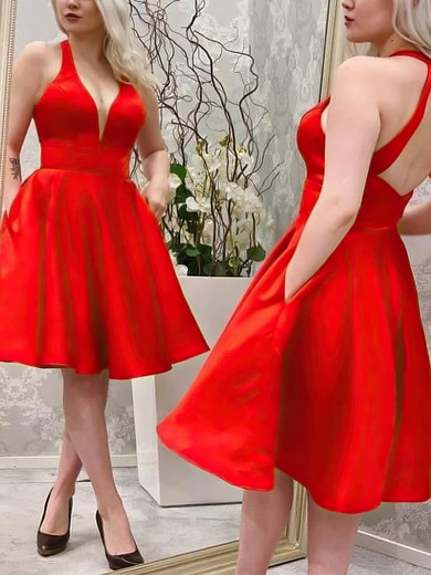 A-line V-neck Satin Knee-length Homecoming Dresses With Pockets #Favs020109992
