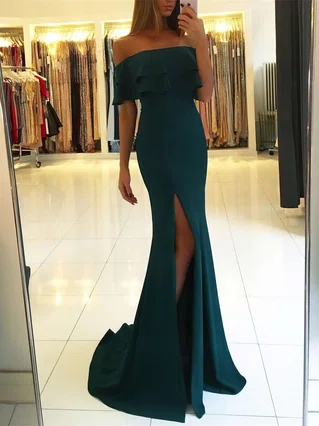 Trumpet/Mermaid Off-the-shoulder Silk-like Satin Sweep Train Split Front Prom Dresses #Favs020105701 Trumpet/Mermaid Off-the-shoulder Silk-like Satin Sweep Train Split Front Prom Dresses #Favs020105701