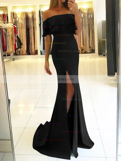 Trumpet/Mermaid Off-the-shoulder Silk-like Satin Sweep Train Split Front Prom Dresses #Favs020105701