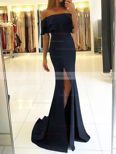 Trumpet/Mermaid Off-the-shoulder Silk-like Satin Sweep Train Split Front Prom Dresses #Favs020105701
