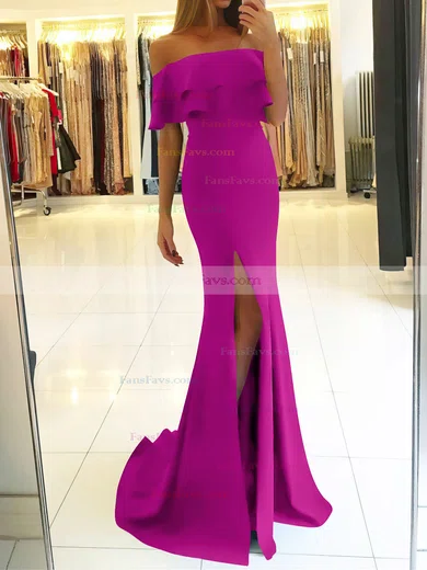 Trumpet/Mermaid Off-the-shoulder Silk-like Satin Sweep Train Split Front Prom Dresses #Favs020105701